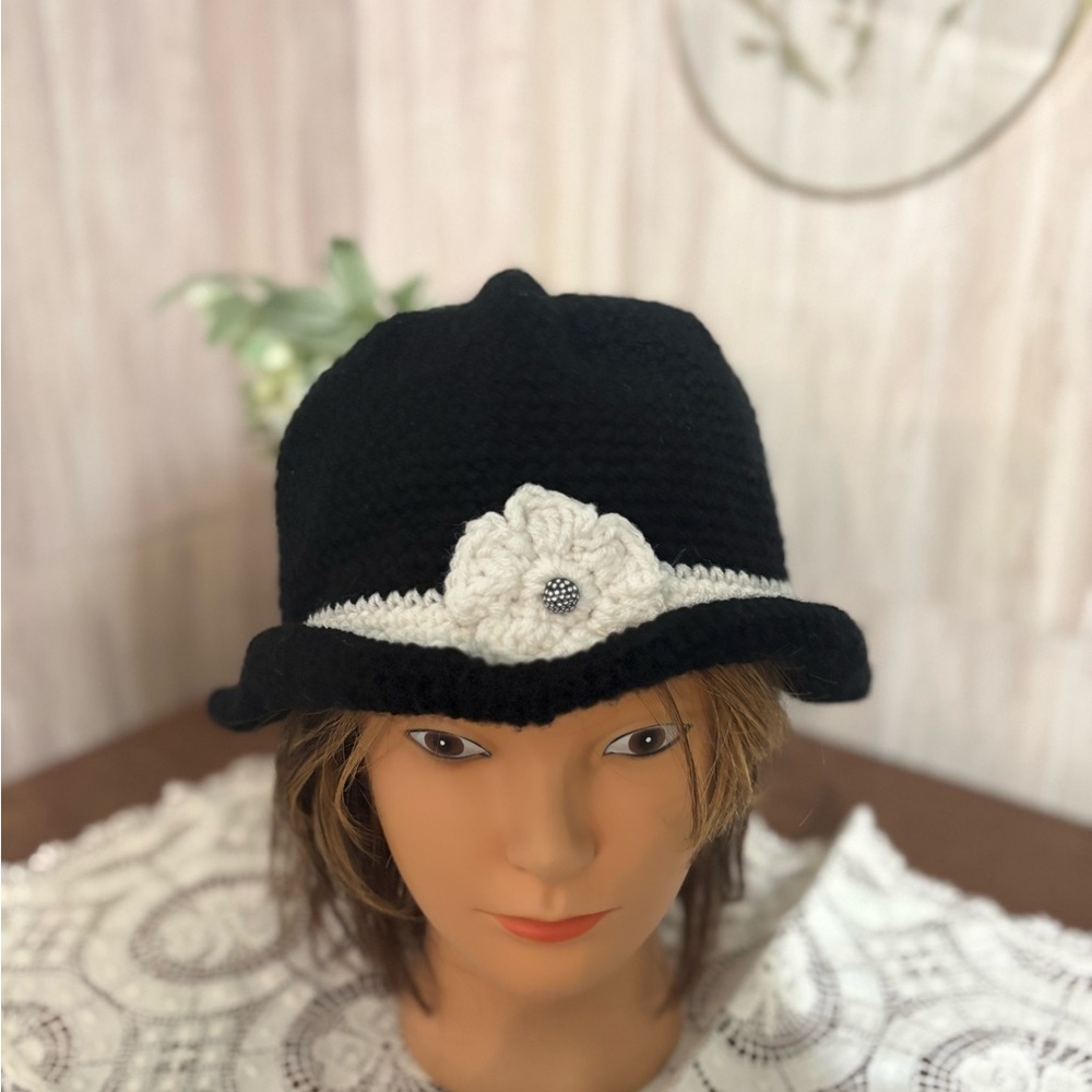 Chic Handmade Boho Black and White Crochet Hat with Floral Detail